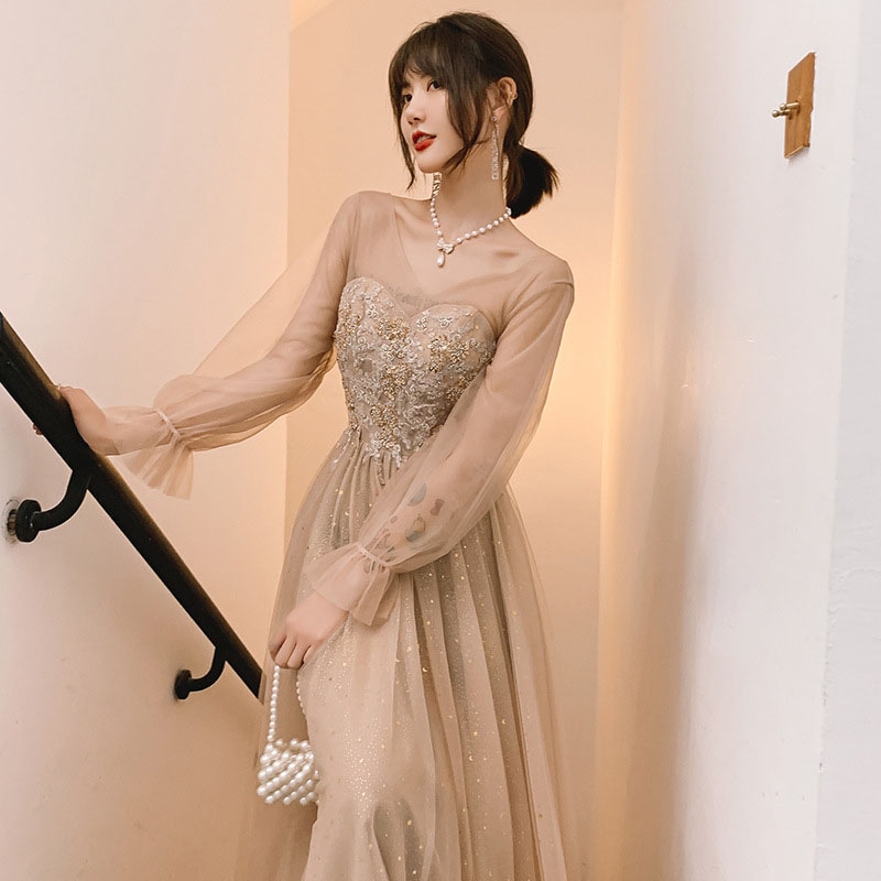 速達!ウェディングドレス カラードレス ウエディングドレス パーティードレス 長袖 ロングスリーブ 演奏会 発表会ドレス 花嫁 イブニングドレス 二次会ドレス ロングドレス 卒業式 司会 ゴールド ゲ