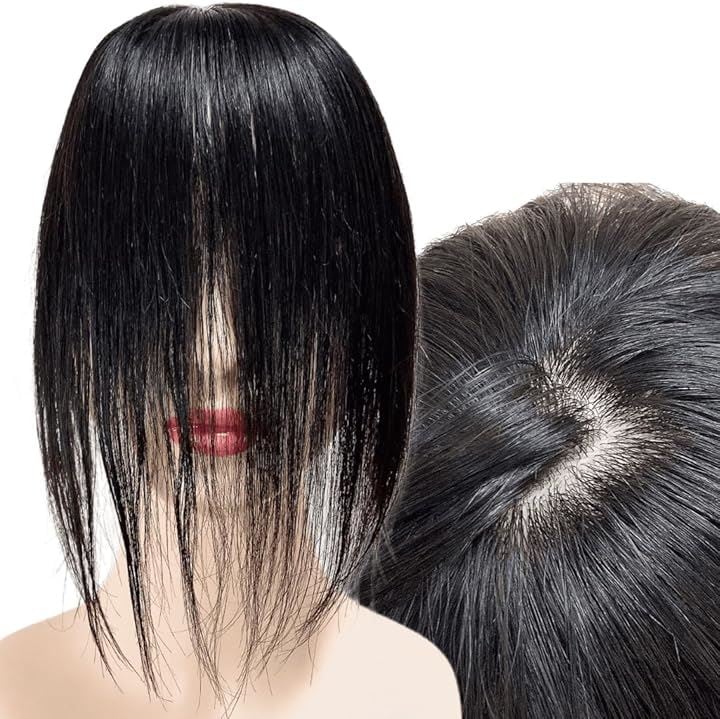 部分ウィッグ 前髪未カット センター分け 真ん中分け ヘアピース かつら 女性 レディース 人毛100% ストレート 分け目 シルク M(ナチュラルブラック, 12x13 (M))