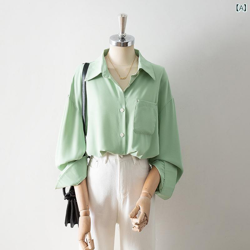 レディース シャツ ブラウス 長袖 春秋 薄青 薄緑 シャツ襟 ドレープ シングルブレスト バックプリーツ ポケット ドレープ感 ソフト素材 軽量 シンプルエレガント 高品質 洗練 5,179円