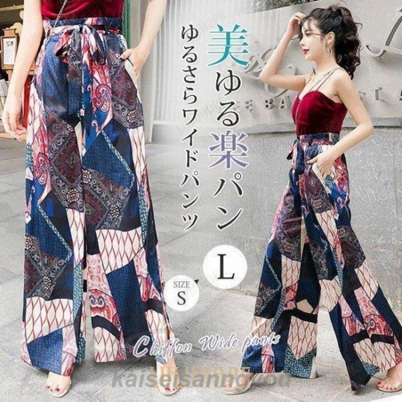 今旬トレンド／ガウチョパンツ エスニック ハイウエスト リボン スリット ロング スカンツ レディース 秋冬 リゾート 水着の上に履く ワイドパンツ 6,011円