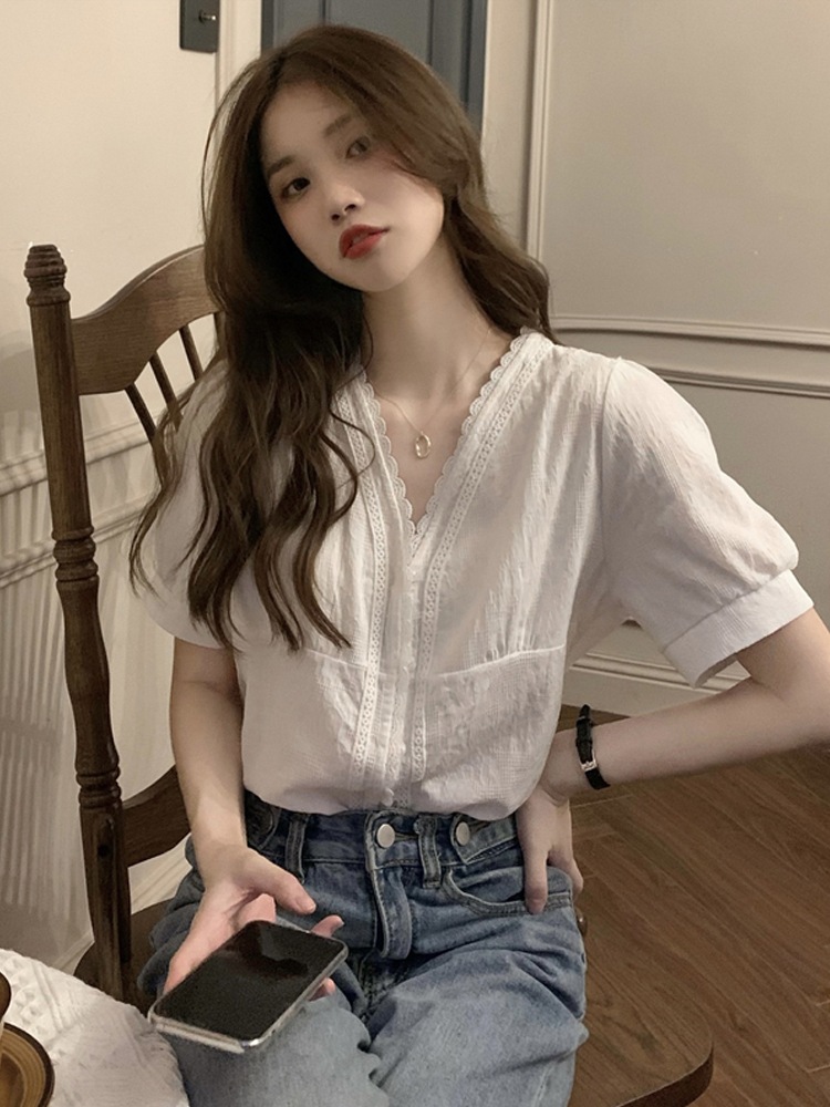 カットソー レディース 半袖 Vネック レース 刺繡 シフォン かわいい 大人可愛い きれいめ シンプル レトロ ガーリー 無地 夏 学生 デート お出かけ フリーサイズ ホワイト トップス