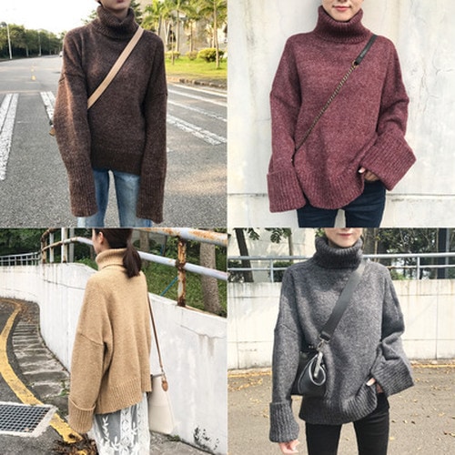 4色トレンド ボリュームロング袖 タートルネック リブニット カジュアル 秋冬 C-008