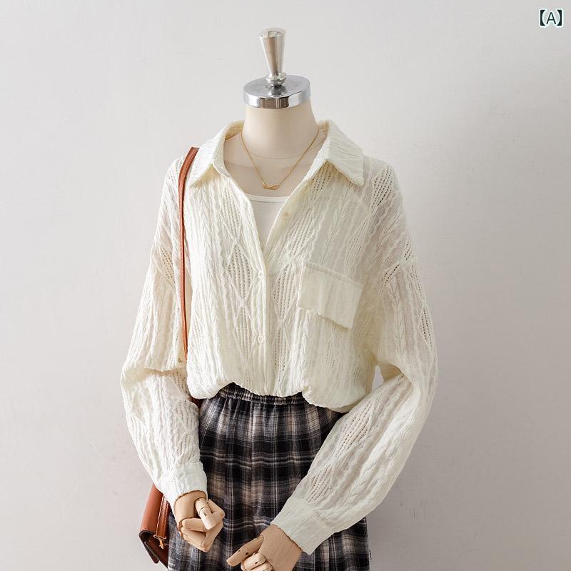 レディース シャツ ブラウス ロング丈 長袖 春秋 黒 アイボリー モダンレースダイヤ柄 ジャガード風 シャツ襟 透け感 ランタンスリーブ ドレープ ポケット シングルブレスト カジュアル アウター