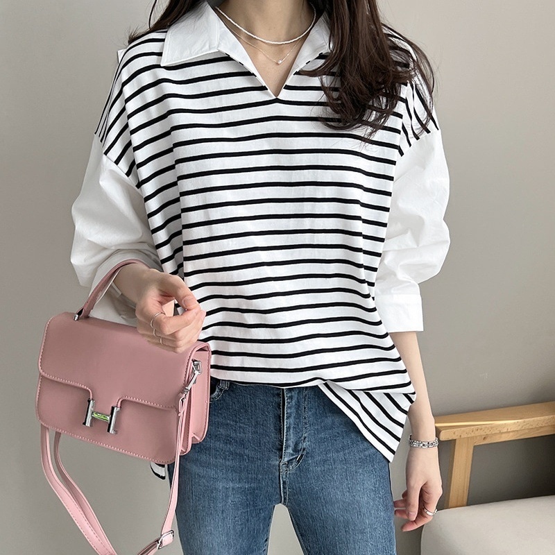 2022秋の新作ストライプ柄5分袖フェイクシャツ襟Tシャツブラウス2枚