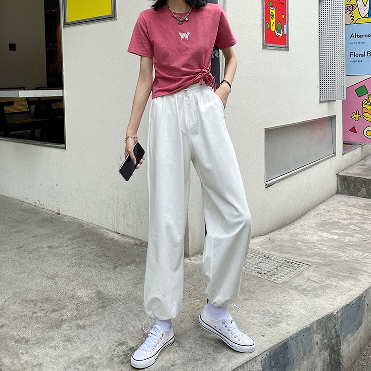 ゆる見え ウエスト＆裾ドロストコード付き ジョガーパンツ ボトムス パンツ イージージョガー ストレート アンクル丈 9分丈 ロング丈 ウエストゴム 薄手 サイドポケット ハイウエスト シンプル