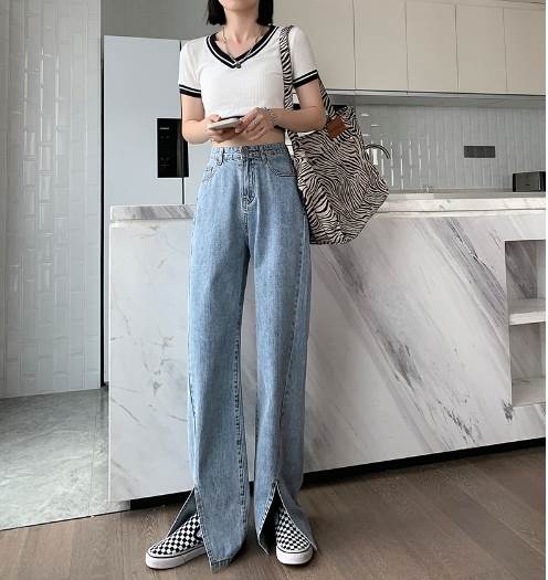 ボトムス パンツ Gパン デニムパンツ ストレート ワイド スリット ハイウエスト デニム きれいめ シンプル カジュアル かっこいい 大人女子 こなれ感 ラフ マニッシュ スポーティー ストリート 4,554円