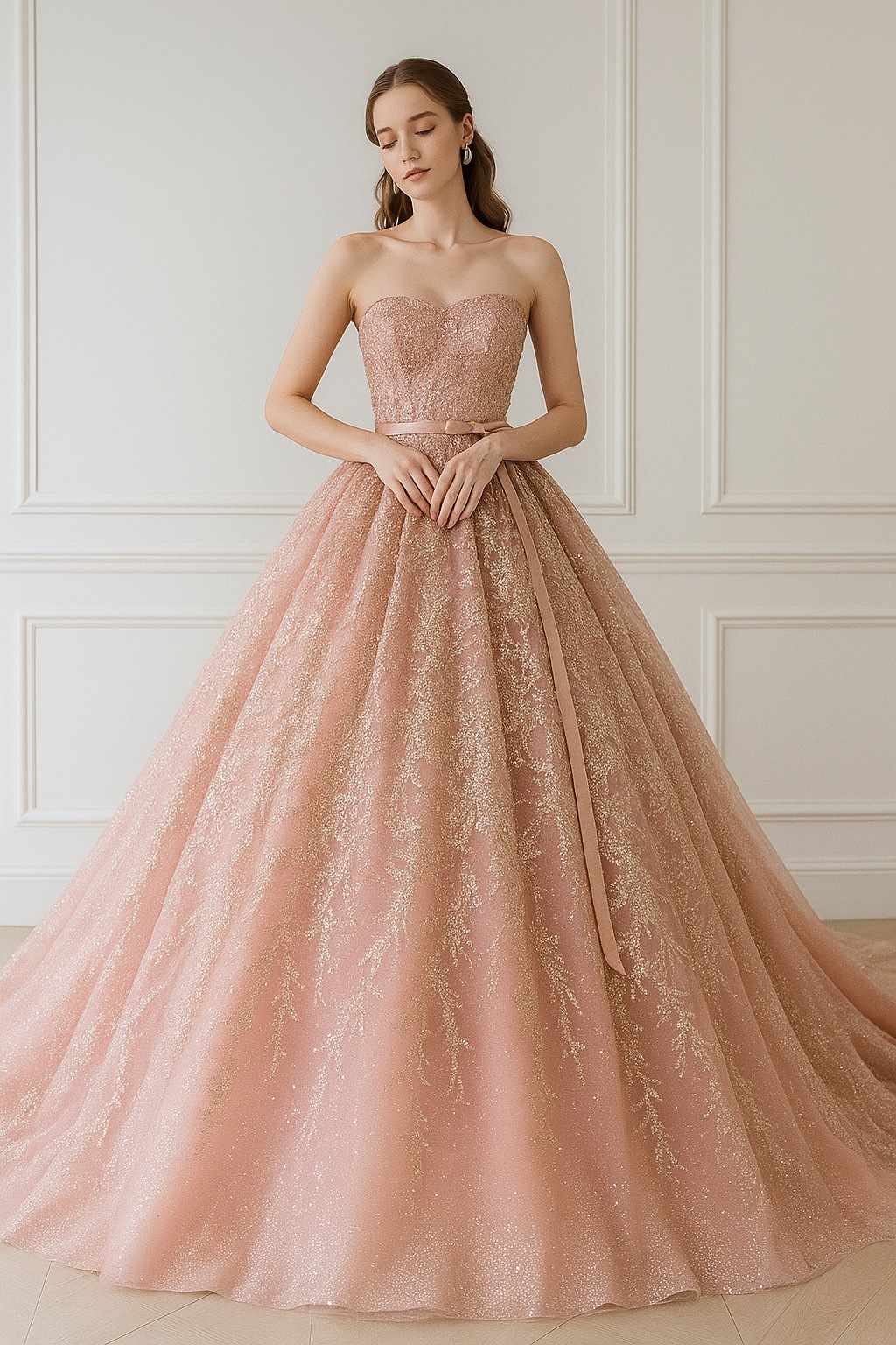 カラードレス ピンク ベアトップ キラキラ光る刺繍 サッシュベルト 華やかなトレーン 花嫁 前撮り 編み上げ 42,894円