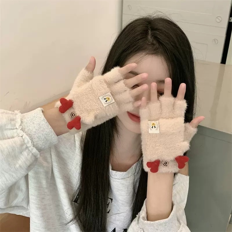 冬用手袋 女性用 かわいい ベルベット 韓国語版 漫画 学生書き込み 厚手綿 保温防寒ウールハーフフィンガー