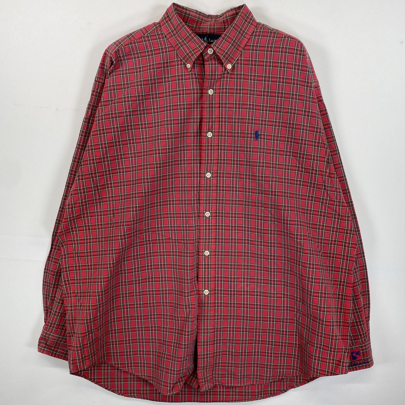 古着 90s/90年代 長袖シャツ ボタンダウン ワンポイントロゴ刺繍 ビックサイズ XL レッド系 チェック メンズ