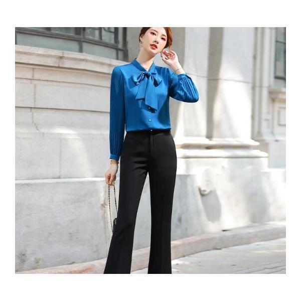 ブラウス レディース 夏 コンサバ ボウタイ リボンタイ 無地 フリル 長袖 ベルスリーブ シンプル きれいめ 上品 大人カジュアル 大人可愛い 通勤 オフィス 春