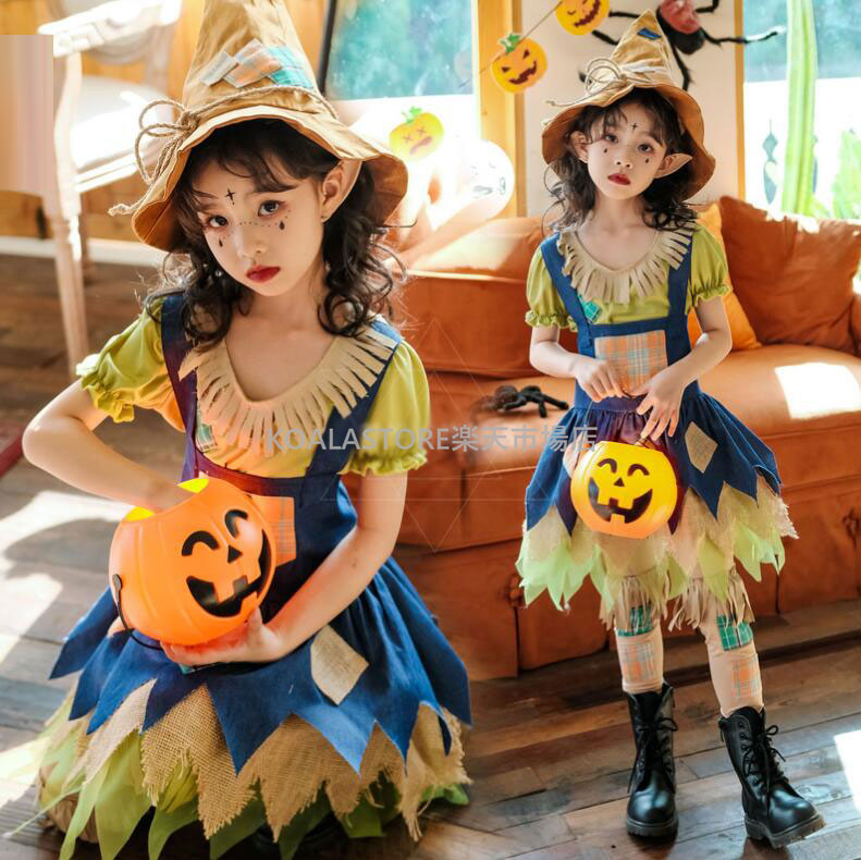 子供コスチューム スケアクロウコスチューム 案山子 キッズジャンパースカート ショート丈 魔法使い エルフ なりきり ハロウィン衣装 女の子 可愛いコスプレ衣装 変装 仮装 ハロウィンパーティー イベ