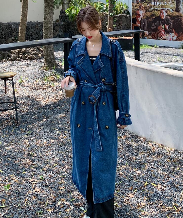 【急速出荷!】超ロング丈デニムコート　マキシ丈 トレンチコート　ベルト付き　デニム コート アウター レディース ジャケット Gジャン 森ガール ビッグシルエット 春 秋 ロングコート ゆったり