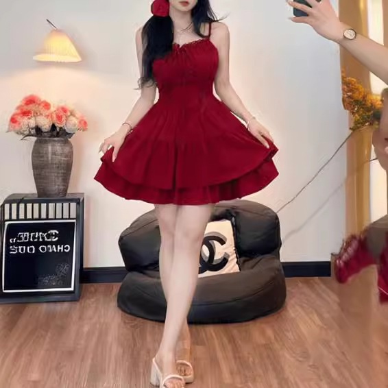 【送.料.無.料.急速発送】低身長赤スカートギャル+カーディガンキャミワンピースタンクトップ レディース