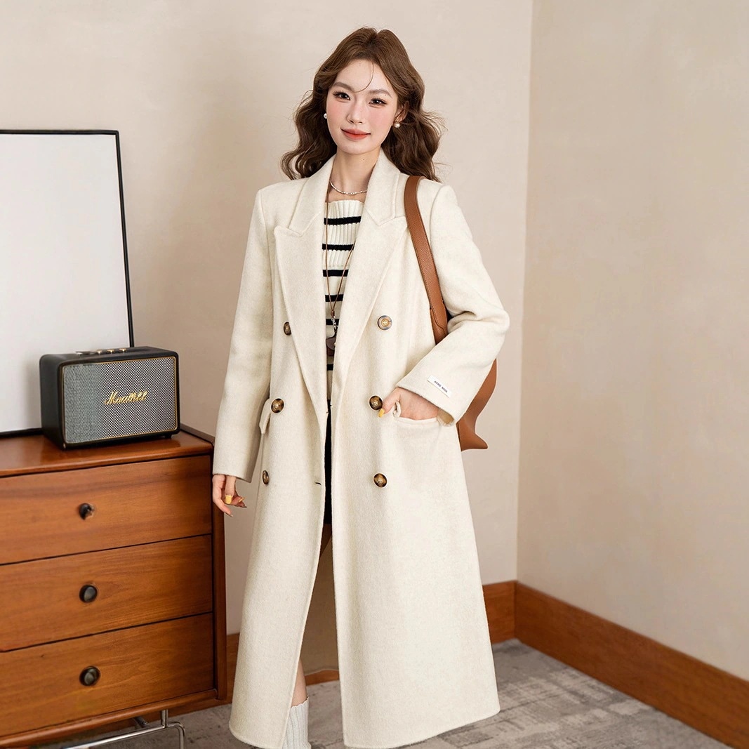 2025韓国風新作女性用両面ウールコート超ロングブレスト無地ウールコート