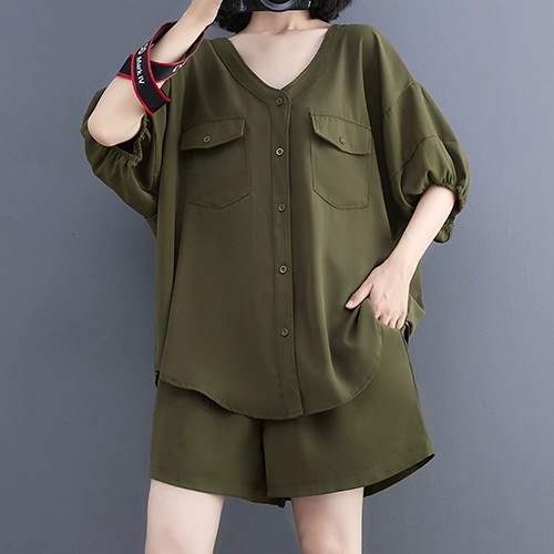 2点セット レディース トップス ボトムス シャツ 半袖 Vネック 前開き ポケット ズボン ショートパンツ フレアパンツ かわいい 大人可愛い きれいめ シンプル カジュアル 上品 おしゃれ