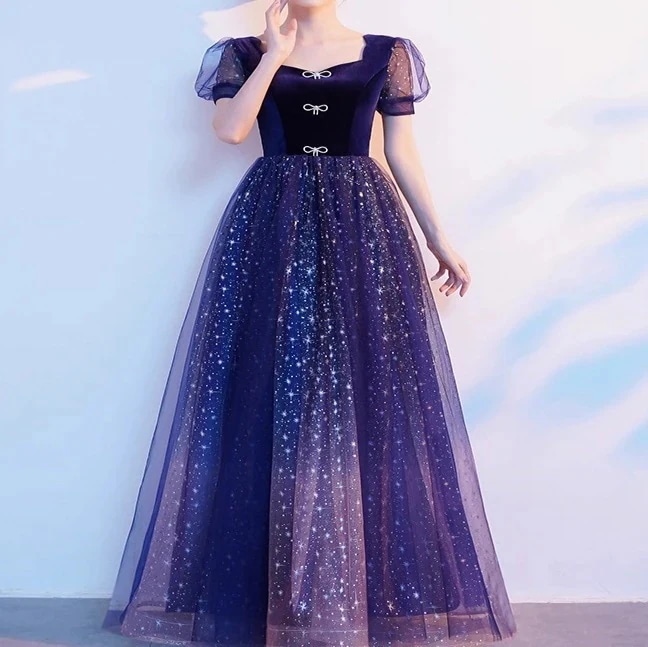 パーティー 舞台 コスプレ衣装ドレスワンピース 半袖パフスリーブスクエアネック プリンセスライン A ライン ルフリルリボン カジュアルイブニング