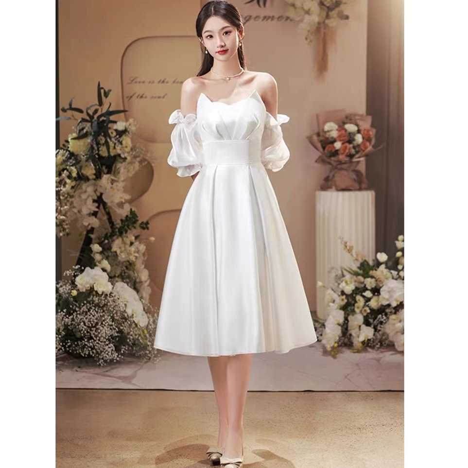 ウェディングドレス 白 イブニングドレス Aライン 花嫁ドレス 膝丈ワンピース プリンセス エレガント 結婚式 発表会 司会者
