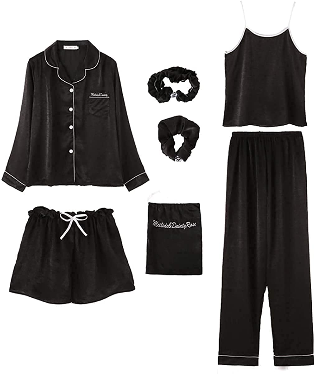 パジャマ レディース 7点セット ポリエステル 長袖 キャミソール ズボン ナイトガウン 大きいサイズ 部屋着 ルームウェア 無地 通気 肌に優しい かわいい 寝巻き ソフト 暖かい 部屋着 春夏秋冬