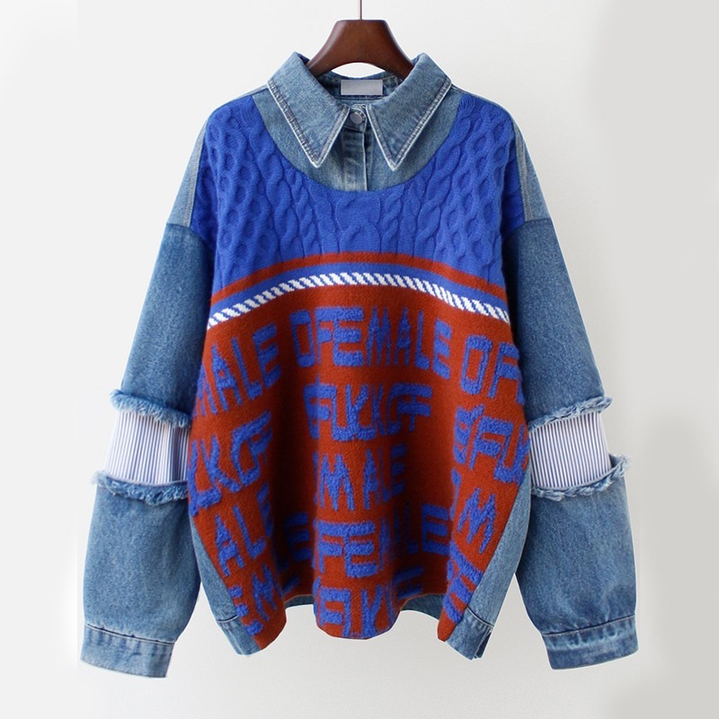 【送料無料】レディース デニム コンビ オーバーサイズ ニット トップス 大人可愛い