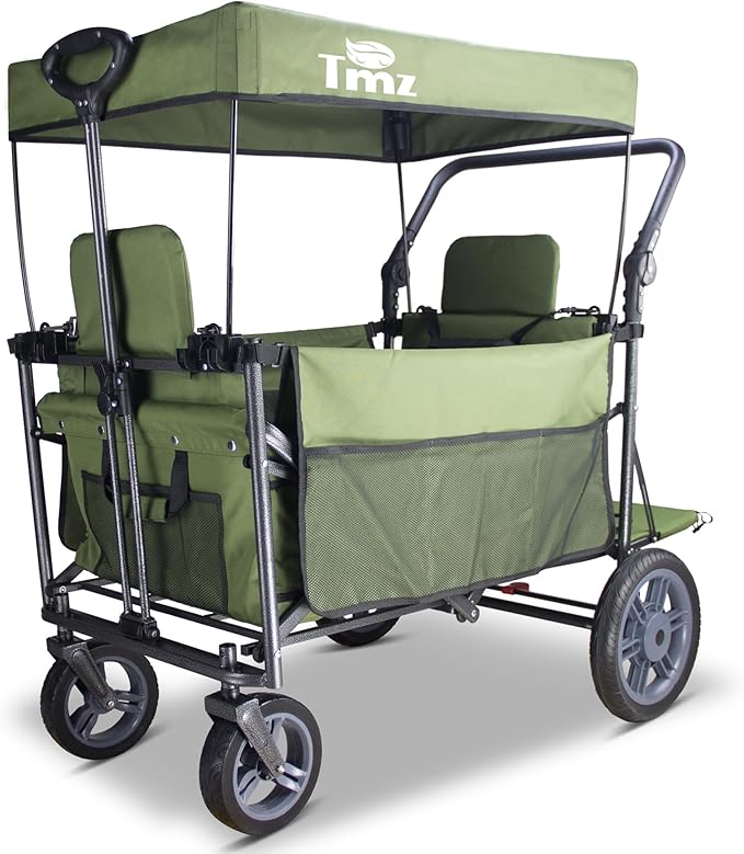 キャリーワゴン 折りたたみ式 アウトドアワゴンシートとシートベルト付き多機能カート荷室拡張可能フロントハンドル+リアプッシュハンドル四輪取り外し可能ストッパー付き 耐荷重120kg(グリー