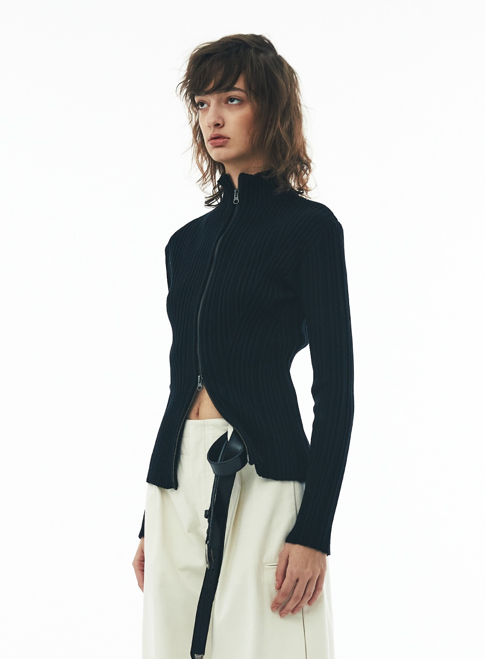 【SATUR】 NOVE DESTROYED 2WAY KNIT ZIP-UP : NEUTRAL BLACK