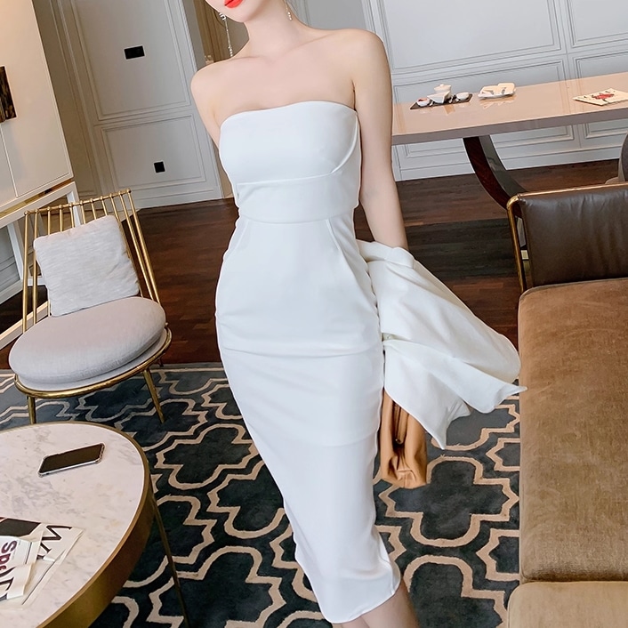 ベアトップドレス ドレス パーティー 演奏会 発表会 ステージ 舞台 フォーマル 衣装 コスチューム 演劇 クラブ 膝丈 袖なし 襟なし スレンダー タイト スリム 細身 Iライン ファスナー