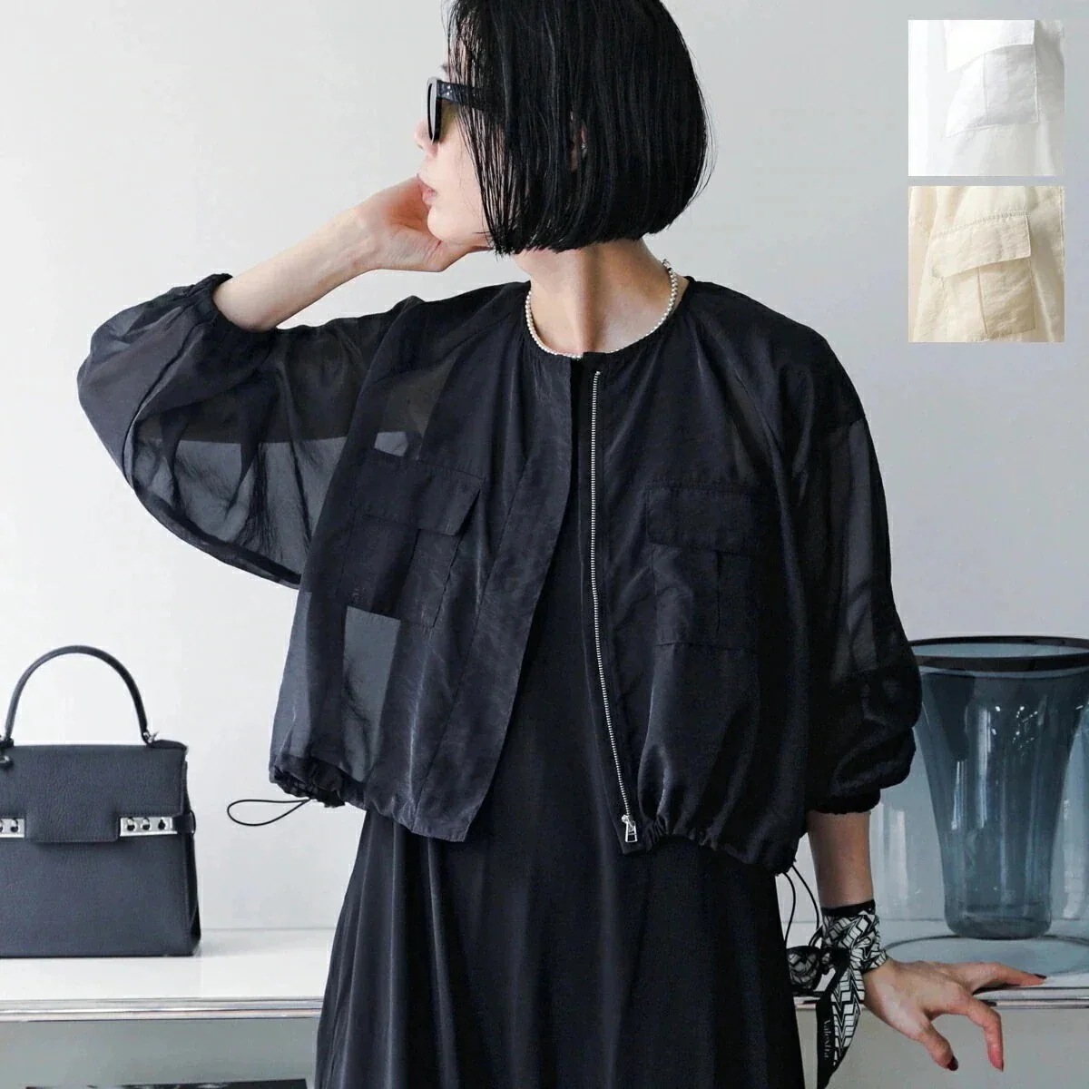 anana アナナ ジャケット a51 010 レディース シアー ブラウス ブルゾン 長袖 ノーカラー ショート丈 胸ポケット カラー3色 【ts】