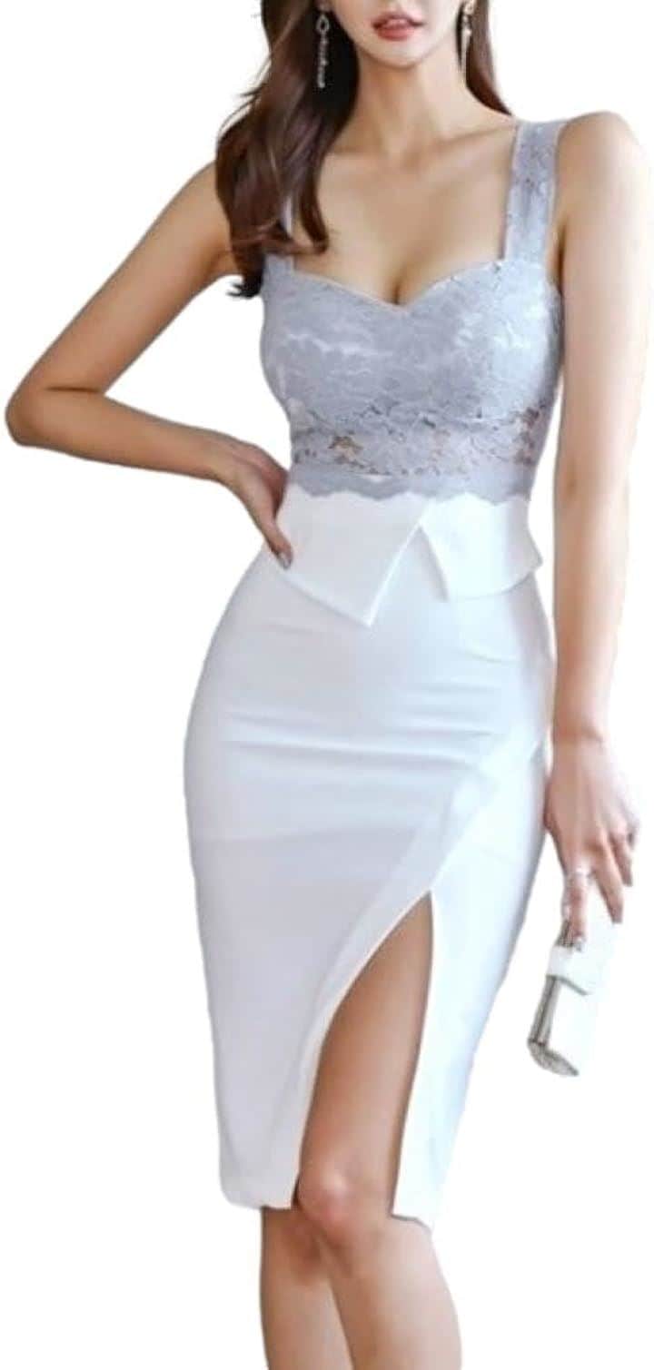 ペプラム ワンピース レース タイト ミディ クラブ ドレス ノースリーブ ウエストマーク ひざ丈 レディース EE5( スモークブルー, S)