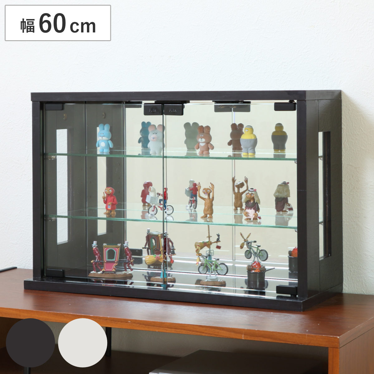 卓上コレクションケース 幅60cm 横型 ガラス コレクションラック 卓上 収納 ディスプレイケース ガラス扉 飾り棚 フィギュア フィギュアケース 透明 ケース ガラス棚 背面ミラー