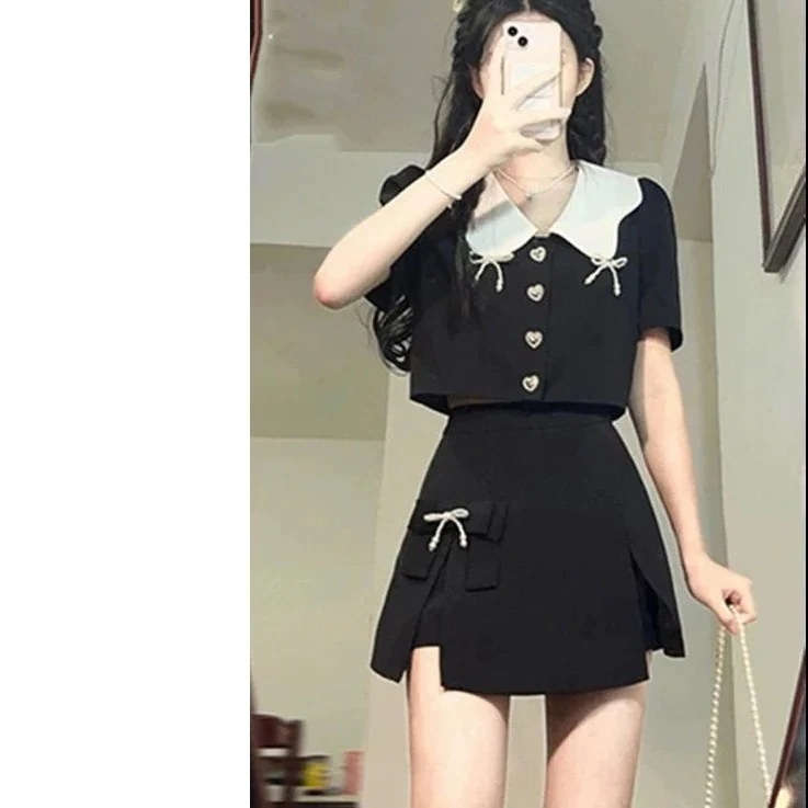 セットアップ夏新作スタンドカラーボウタイシャツ半身スカートケーキスカートファッションセット