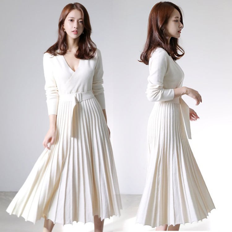 レディース ニットワンピース ドレス メリヤス プリーツ 長袖 ベルト付き ルロング丈 秋冬 ワンピース 無地 韓国風 着痩せ 上品 通勤 30代40代 新作