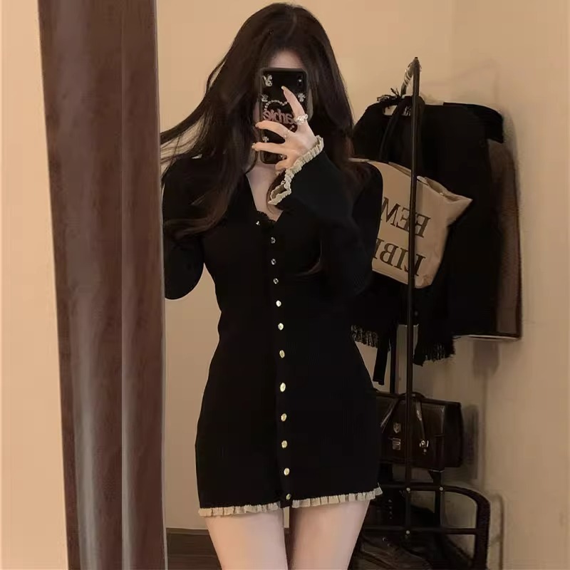 【1つ買うと10つ無料】甘い純粋な風のタイトバッグバッグブラックスカート小さな西部編みドレス