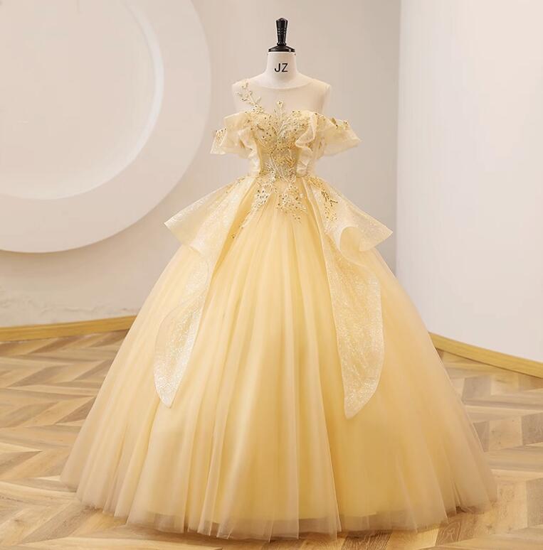 カラードレス ロング丈 マキシ丈 ドレス レディース パーティー 二次会 フリルドレス 黄色 きらきら 3D花柄 袖なし チュール スパンコール 花モチーフ ひらひら ボリューム 歌手 司会