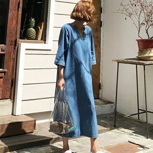 デニムワンピース ロング丈 きれいめ Vネック デニムワンピ 可愛い 通勤 春春冬春 レディース 30代 40代 女子会 おでかけ 旅行 S M L XLd1232s1