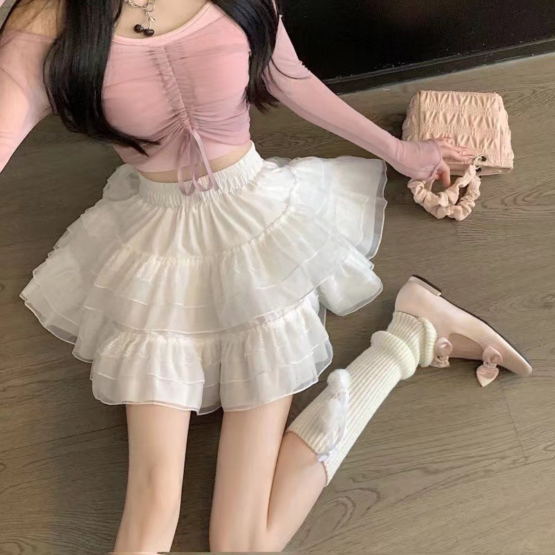 【1つ買うと10つ無料】2025語バージョンの夏の甘いバレエスタイルハイウエストレースケーキ ラインスカートスカート女性