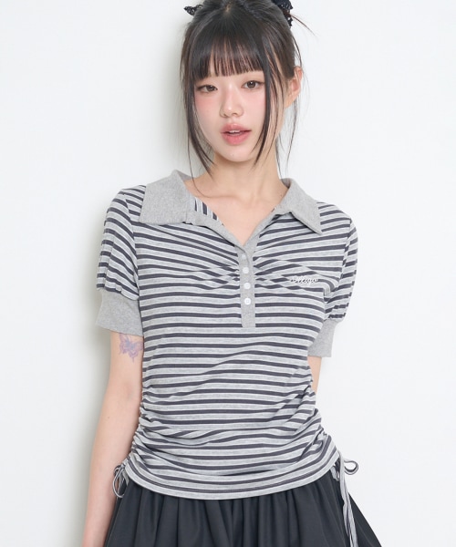 【ILLIGO】 STRIPE SHIRRING COLLAR T-SHIRT CHARCOAL 正規品