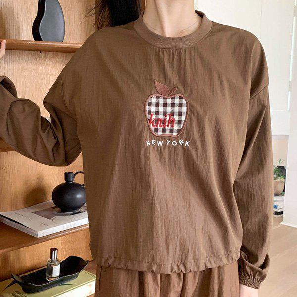 Hスタイル(DK)リンゴ刺繍スウェットシャツ 秋 女性 スウェットシャツ Tシャツ