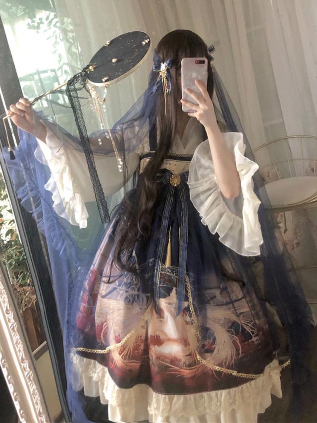【全店任意2枚購入で100円OFF】クラシックロリータJSKドレスネイビーポリエステルノースリーブスウィートロリータジャンパースカート