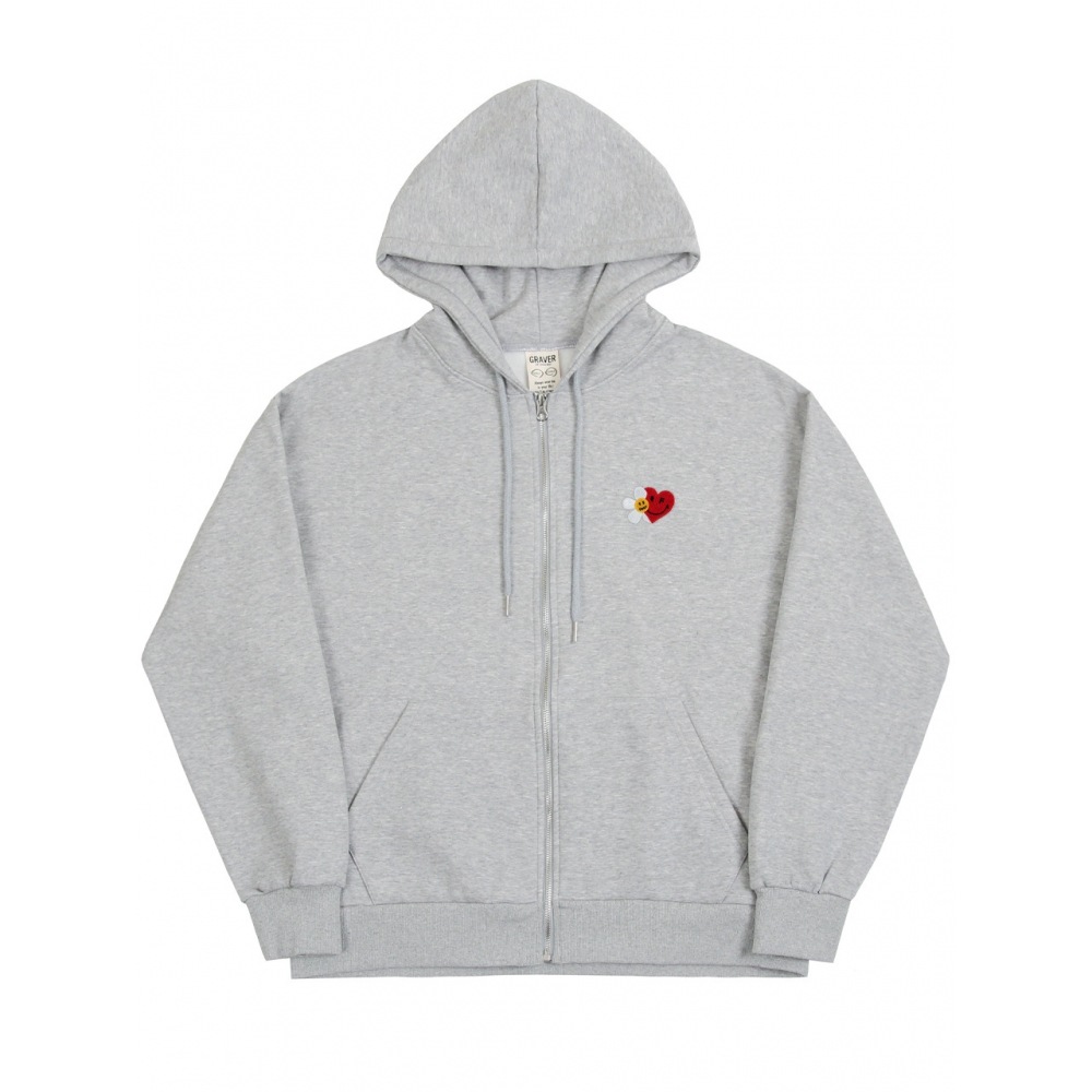 GRAVERフラワーハートハーフスマイル刺繍フード集業グレー