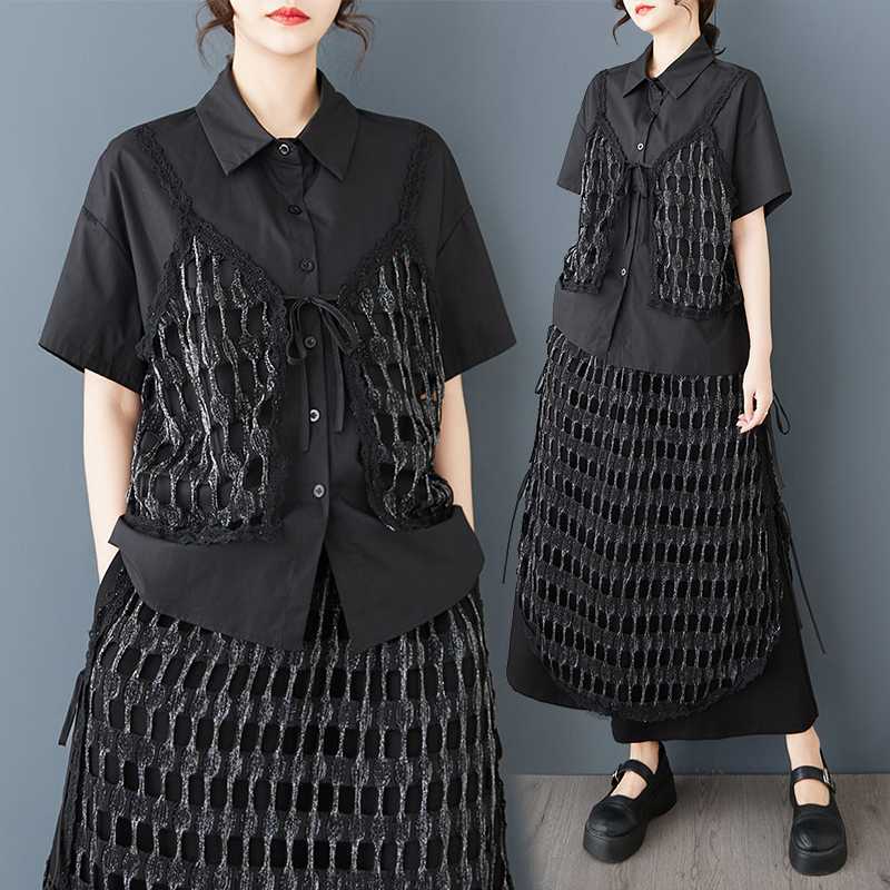 2025春夏新品 上下セット ドッキング ブラウス スカート 大きいサイズ 体型カバー レディース セットアップ