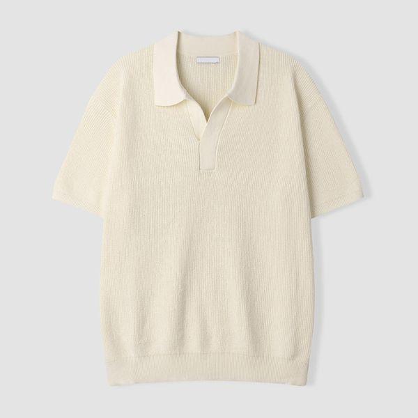 メンズ ハッチ オープンカラーネック オーバーサイズ 半袖ニットTシャツ AS KNH Q018 アイボリー_P422498511