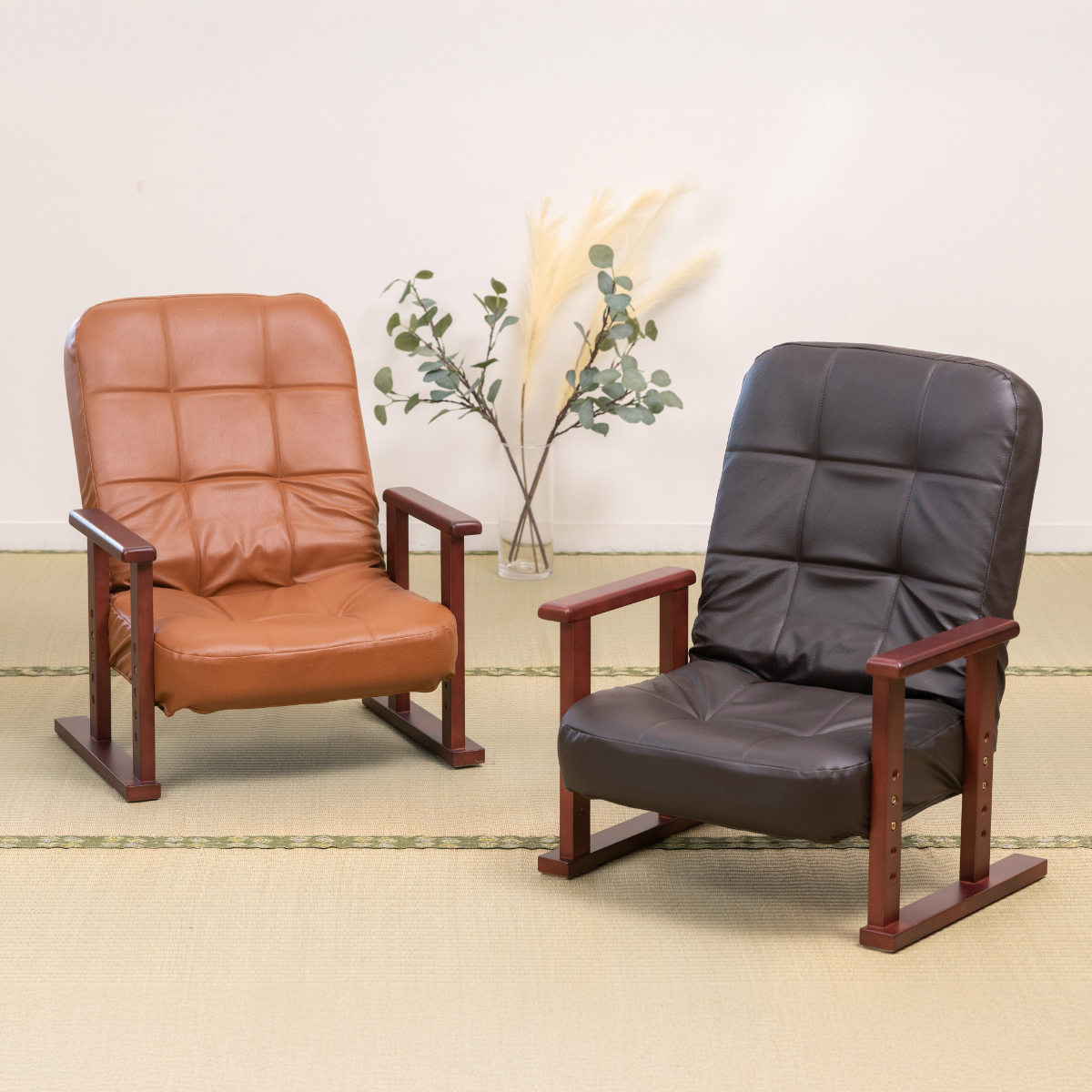 高座椅子 高齢者 PVC生地 リクライニング 高さ調節 折りたたみ 座面高18ー27cm PVC 合皮 レザー調 ひじ掛け 肘 リクライニング 立ち座り サポート コンパクト 持ち運び