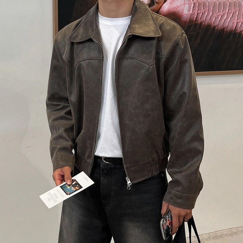 アメリカのレトロなショートレザージャケットメンズスプリングルーズラペルコートトレンドジャケットの韓国語版