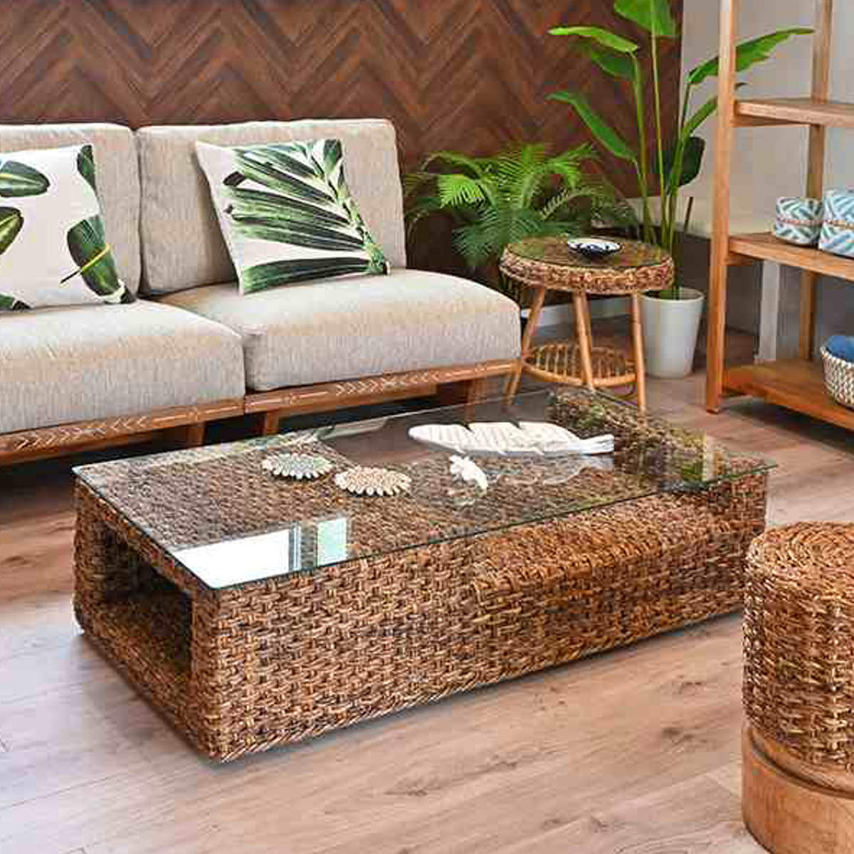 ローテーブル 幅120cm ガラス天板 ハワイアンリゾート風 バナナリーフ材 Ohana テーブル センターテーブル リビング 机 座卓 リビングテーブル バナナリーフ ガラス ハワイアン