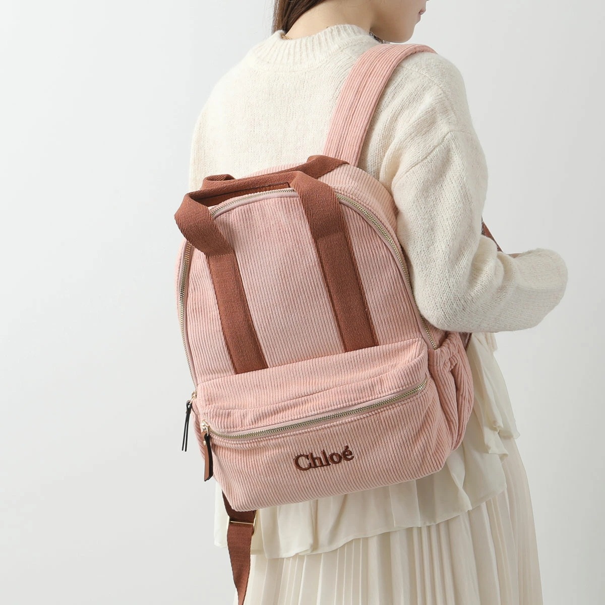 Chloe KIDS クロエ キッズ バックパック C20275 レディース ガールズ ロゴ刺繍 コーデュロイ リュック バッグ 鞄 454/PALEPINK