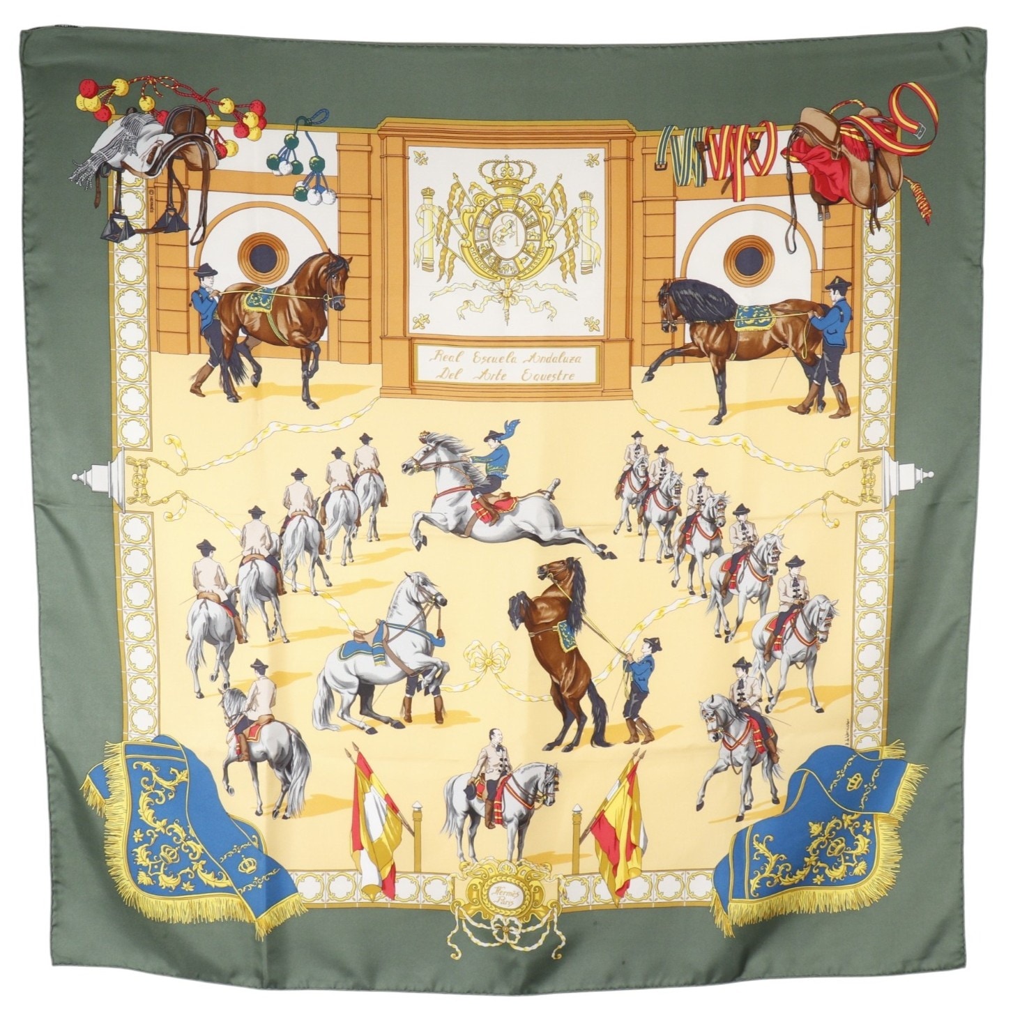 カレ90 Real Escuela Andaluza Del Arte Ecuestre 王立アンダルシア馬術学校 スカーフ シルク 黄 緑 レディース 中古品