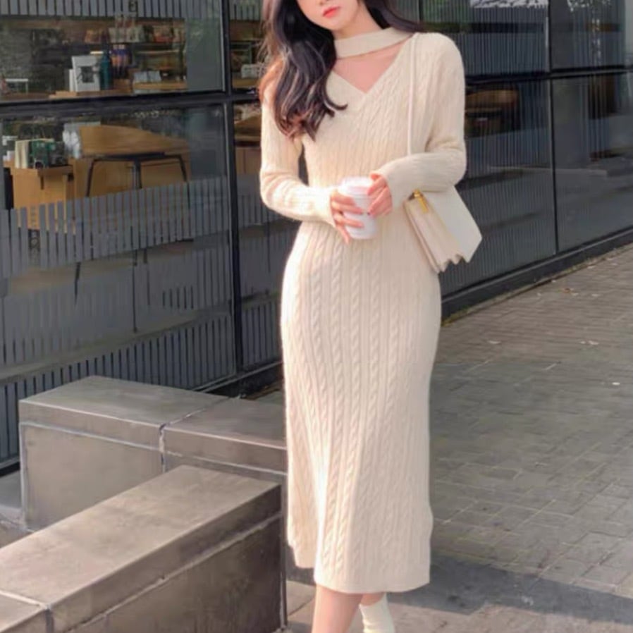 レディース ワンピース ワンピ プルオーバー オールインワン ニットワンピ ミモレ 長袖 Vネック カシュクール ホルターネック タイト ストレート ウエストマーク ハイウエスト ニット 大人可愛い