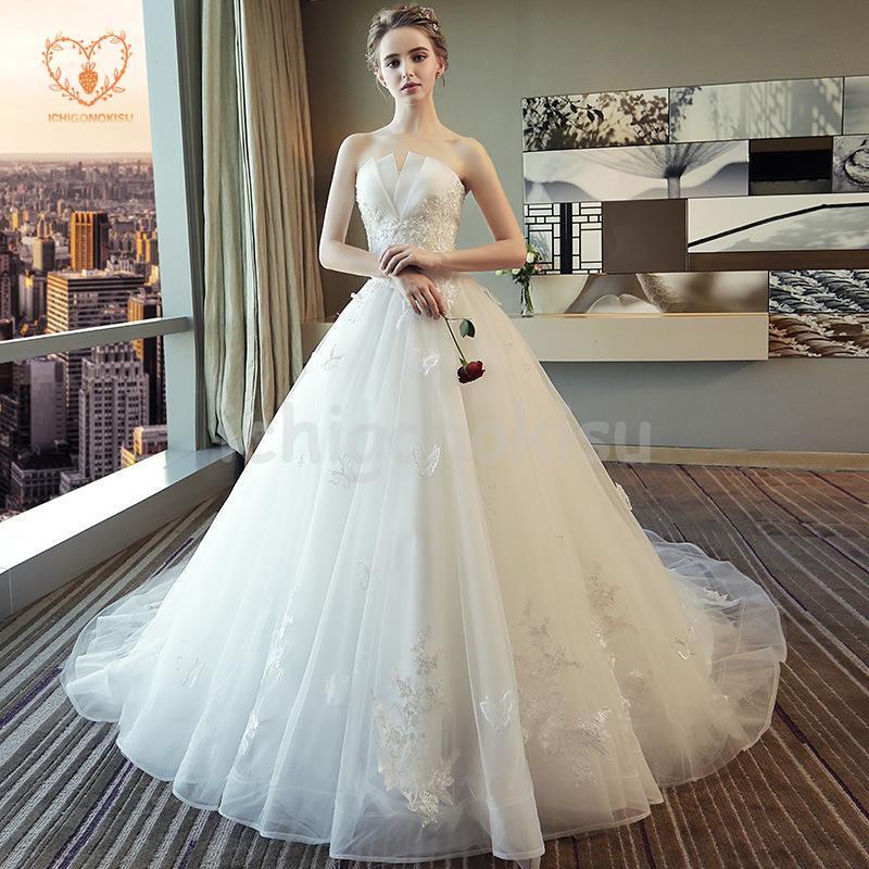 ウェディングドレス ビスチェ 床付きタイプ トレーン Aライン 花嫁ドレス 二次会ドレス 結婚式 花嫁 白 編み上げ 前撮り 後撮り 披露宴 海外挙式
