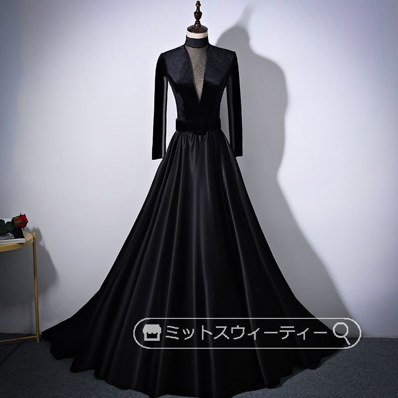 Aラインドレス カラードレス 舞台 声楽 ブラック ロングドレス 演奏会 コンサート 衣装 大人 ピ
