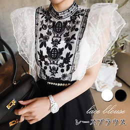 韓国ファッション半袖 Tシャツ大人可愛い 透け感 レース 袖 刺繍 袖レース トップス 花柄 大きいサイズブラウス